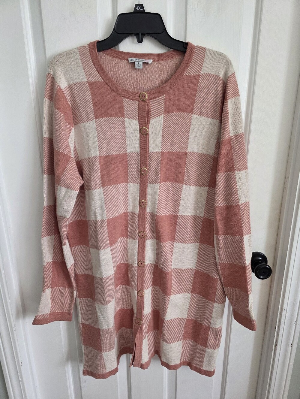 Isaac Mizrahi Live Womens Cardigan Sweater Pink Ivory Buffalo Plaid Large